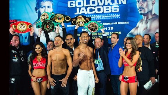Golovkin (L) and Jacobs at their weigh-in